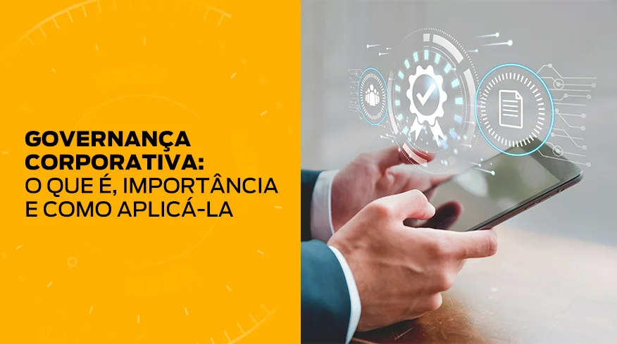 Homem de terno com a mão estendida, sobre a qual há ícones digitais, representando a administração da empresa com governança corporativa.