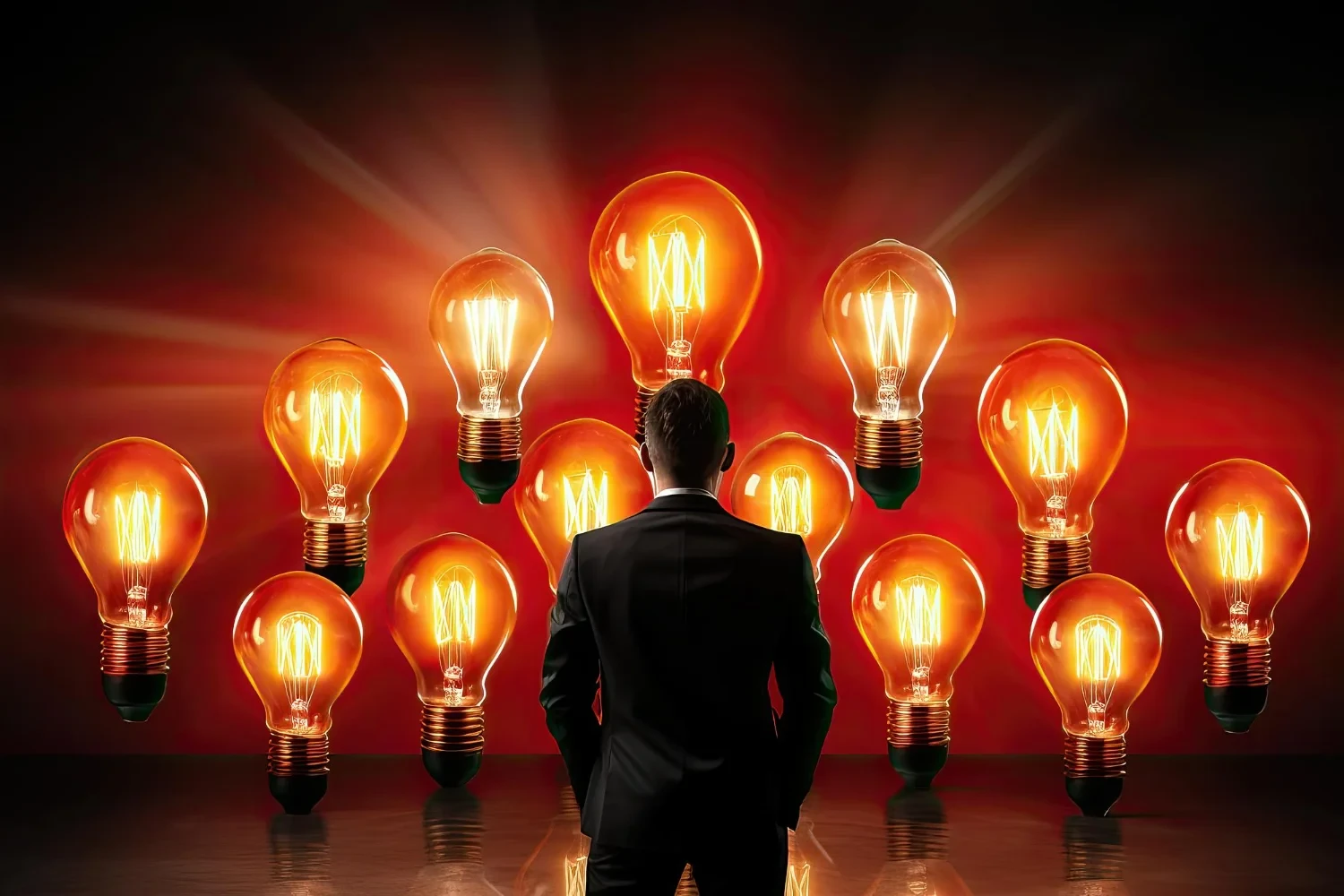 empresário visualizando diversas lâmpadas que ilustram o conceito de suas ideias em busca de novas inovações para sua empresa